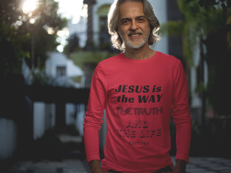Wear Scriptures - Long Sleeve T Shirt mock up of a stylish older man in his house