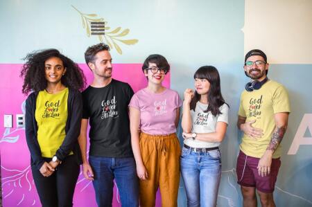 interracial-group-of-five-coworkers-wearing-t-shirts-mockup-at-a-startup-a20413